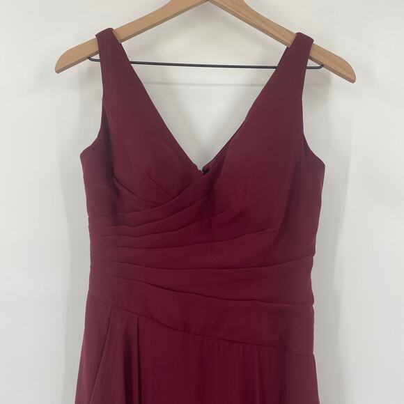 Azazie Empire Waist Gown Draped Front Mesh Overlay Maxi V Neck Burgundy Womens 8 - Picture 3 of 10